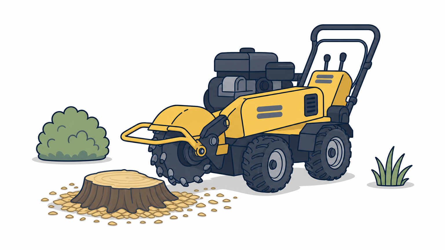 Stump grinder machine parked next to a partially ground tree stump surrounded by wood chips.