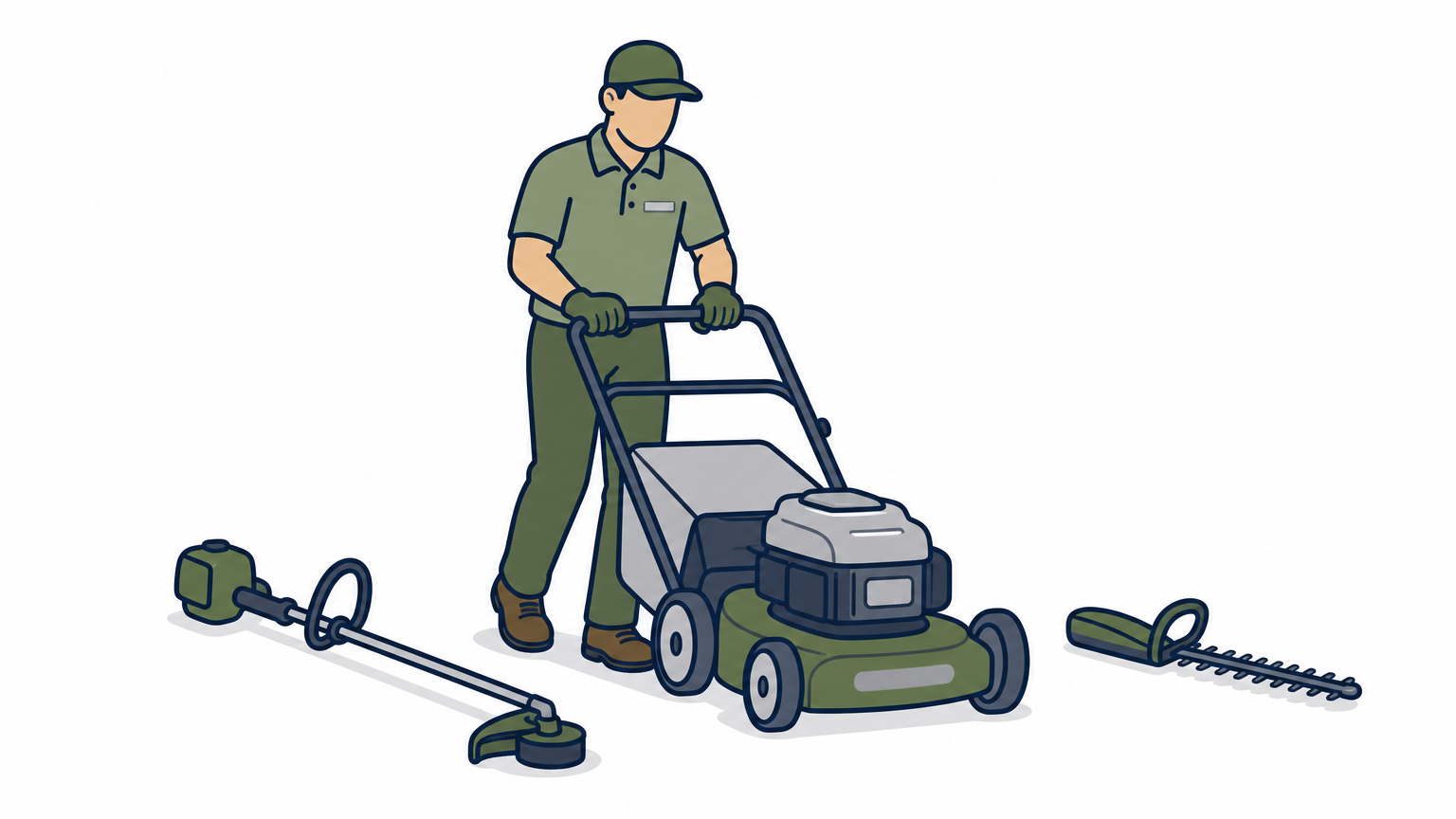 A lawn care worker pushes a mower across a green suburban yard with trimming tools nearby.