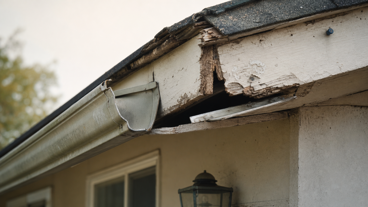 Weathered roof eave with rotted fascia board, gapped soffit, and a sagging gutter.