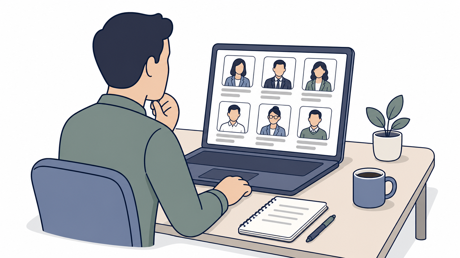 A recruiter sits at a desk searching professional profiles on a laptop screen.