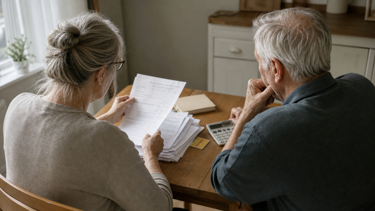 A retired couple sits at a kitchen table reviewing medical bills and a Medicare card.