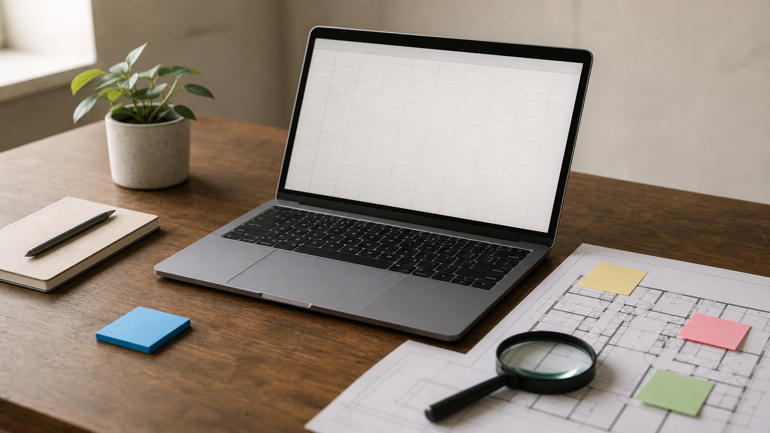 A laptop showing a spreadsheet sits beside a floor plan and sticky notes on a desk.