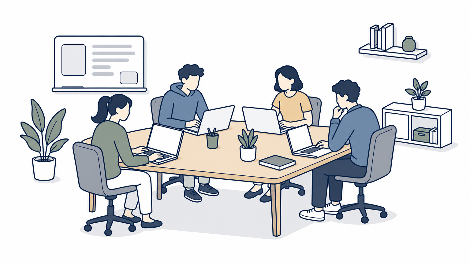 A small startup team works together at a shared table with laptops in an open office.