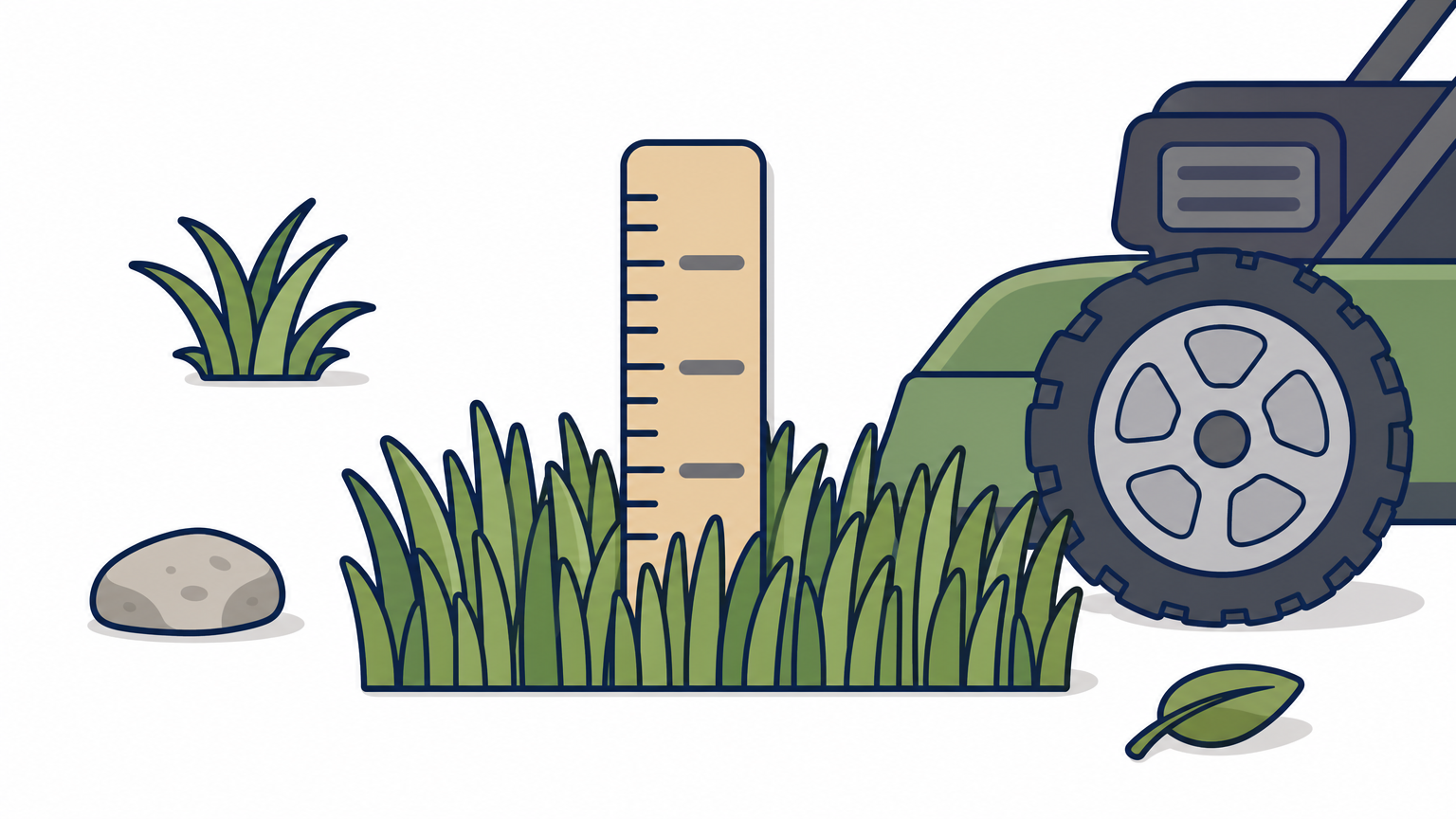 Close-up of freshly cut grass blades with a small ruler measuring the mowing height.