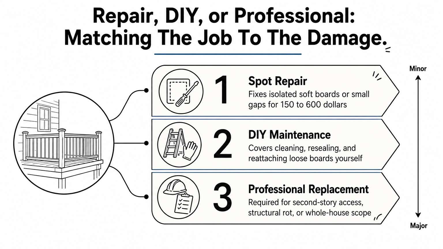 Ladder diagram ranking spot repair, DIY maintenance, and professional replacement by project scope.