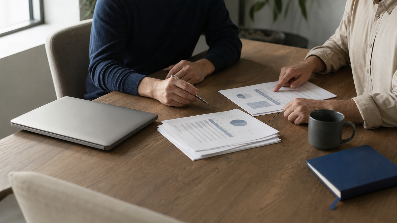 Two people review printed audit reports and a laptop at a meeting room table.