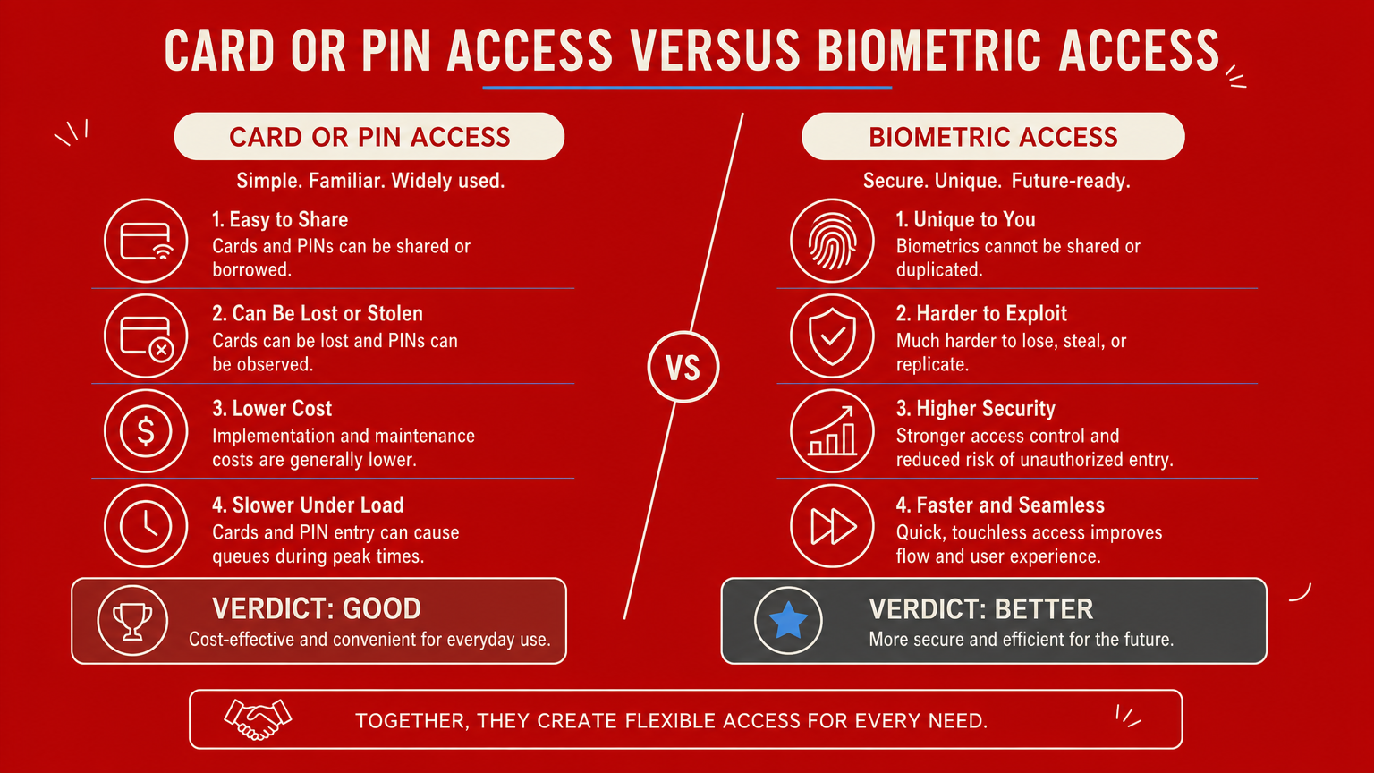 Comparison chart contrasting card or PIN access with biometric access across four factors.