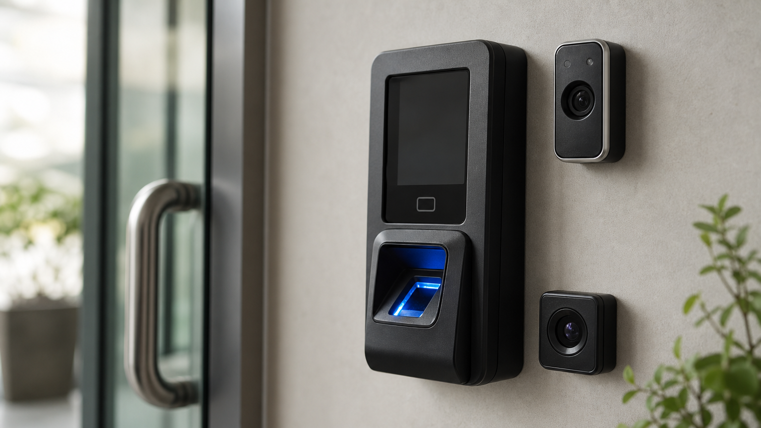 Fingerprint scanner, facial recognition camera and iris scanner mounted near an office door.