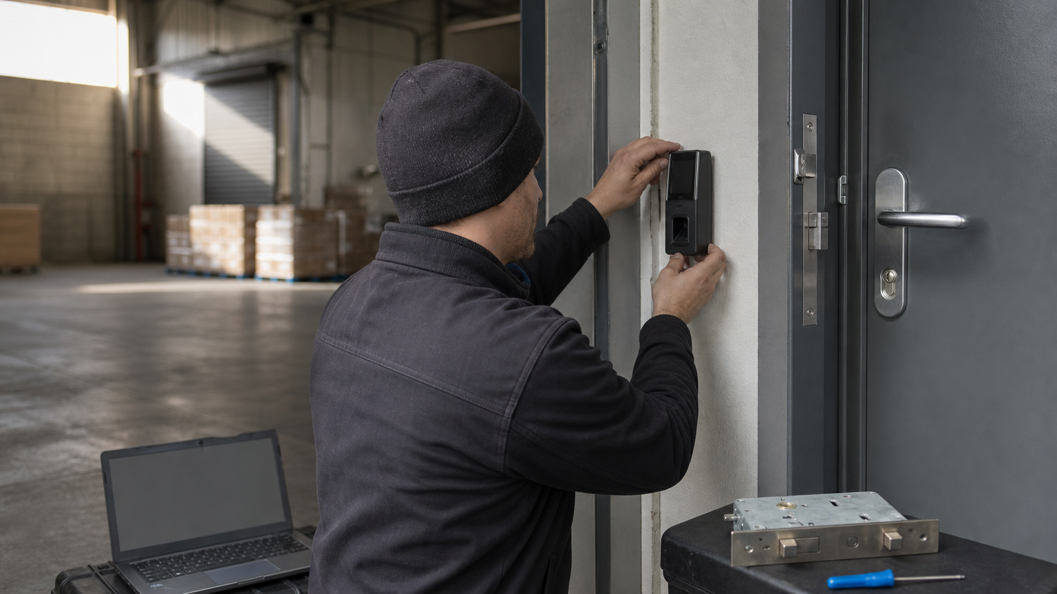 Technician fitting a biometric access reader onto a warehouse door with a laptop nearby.