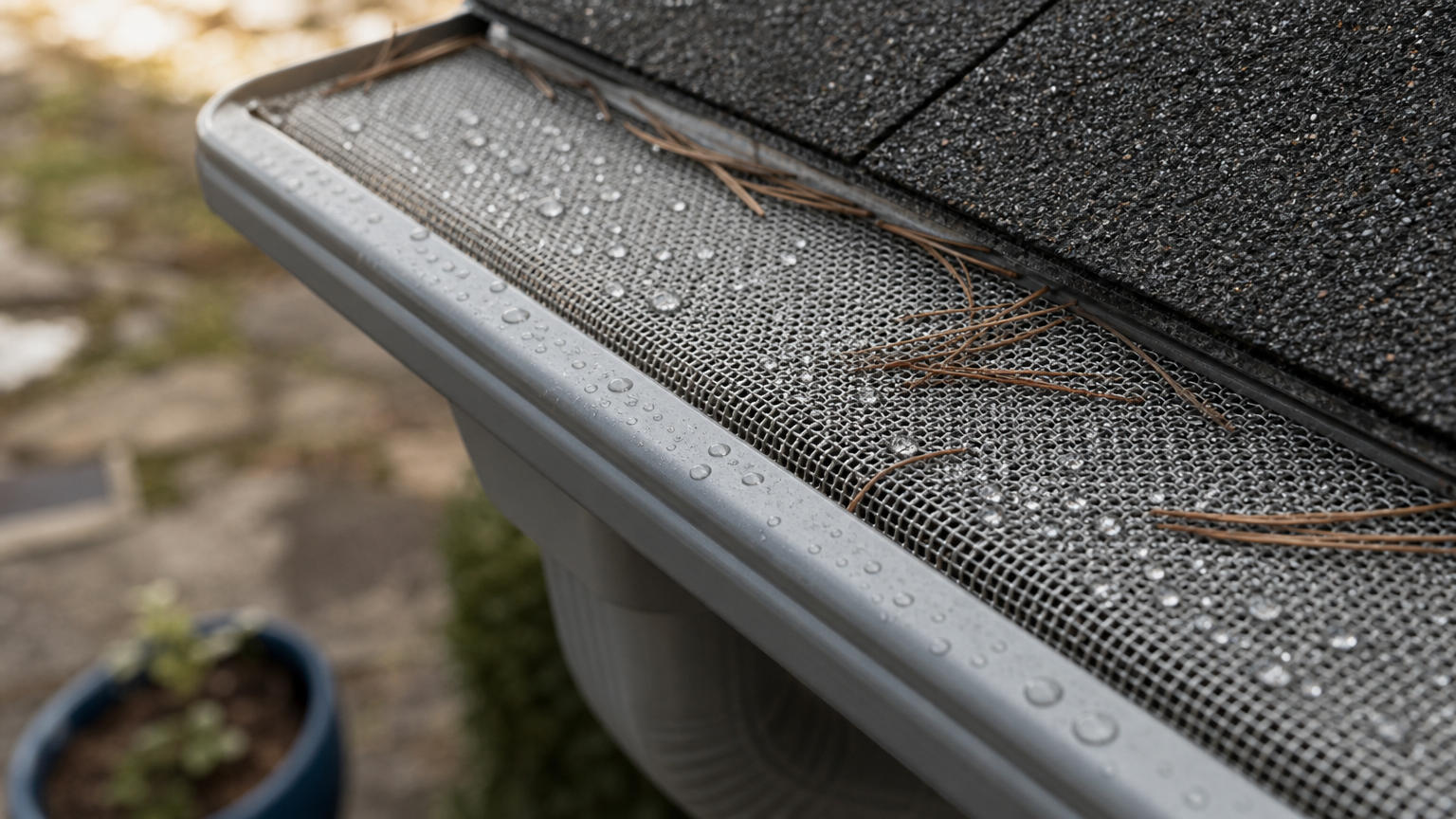 Close-up of fine metal mesh over a gutter with water beading and pine needles resting on the surface.