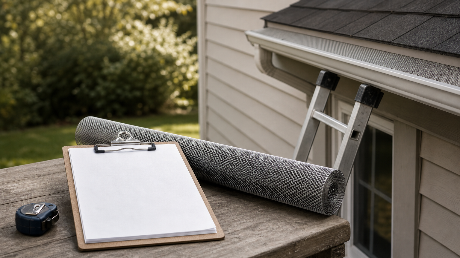 Clipboard with a cost estimate next to a roll of mesh gutter guard and a ladder against a house.