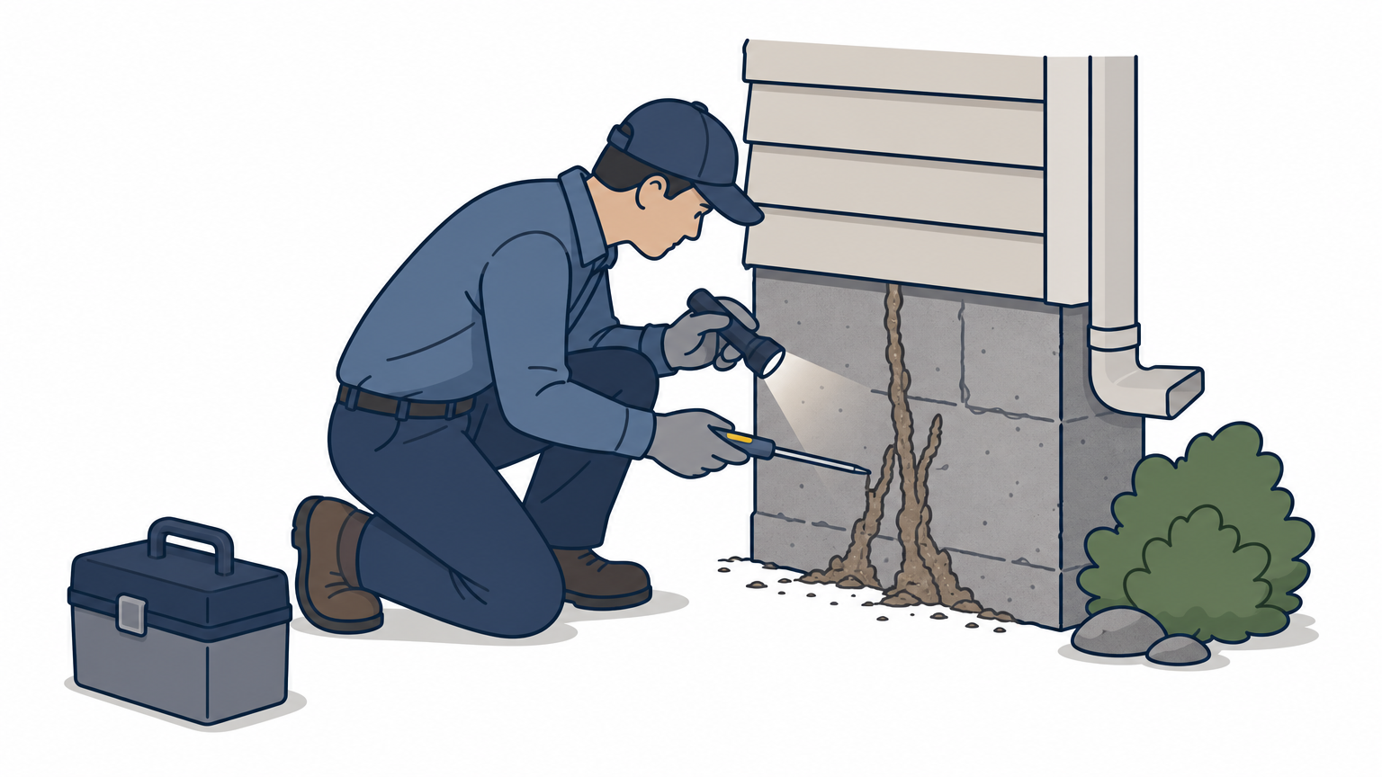 A pest control technician inspects mud tubes on a foundation wall with a flashlight.