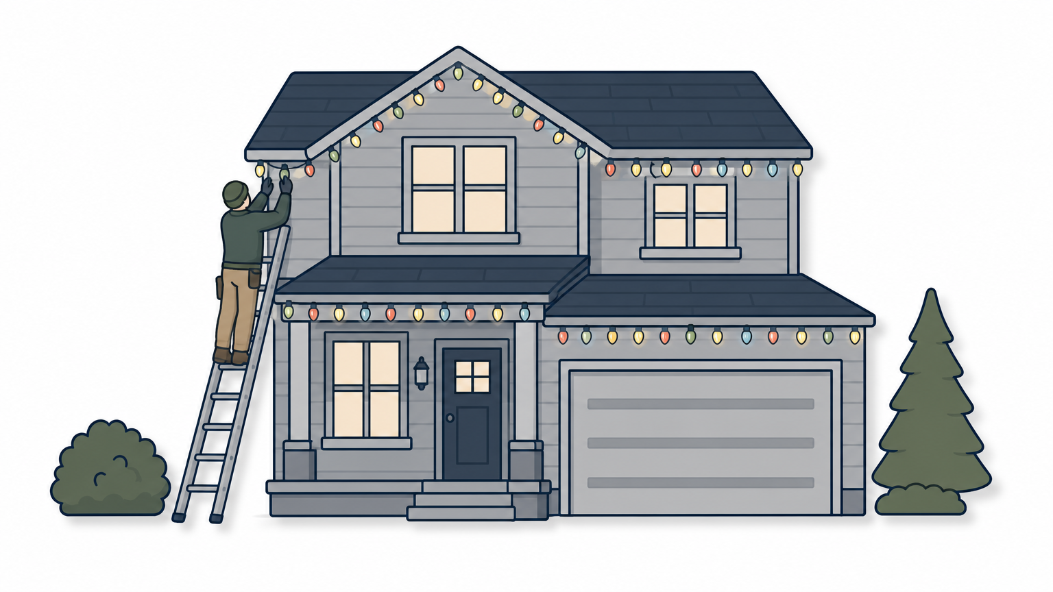 A worker installs evenly spaced Christmas lights along the roofline of a two-story house using a ladder.
