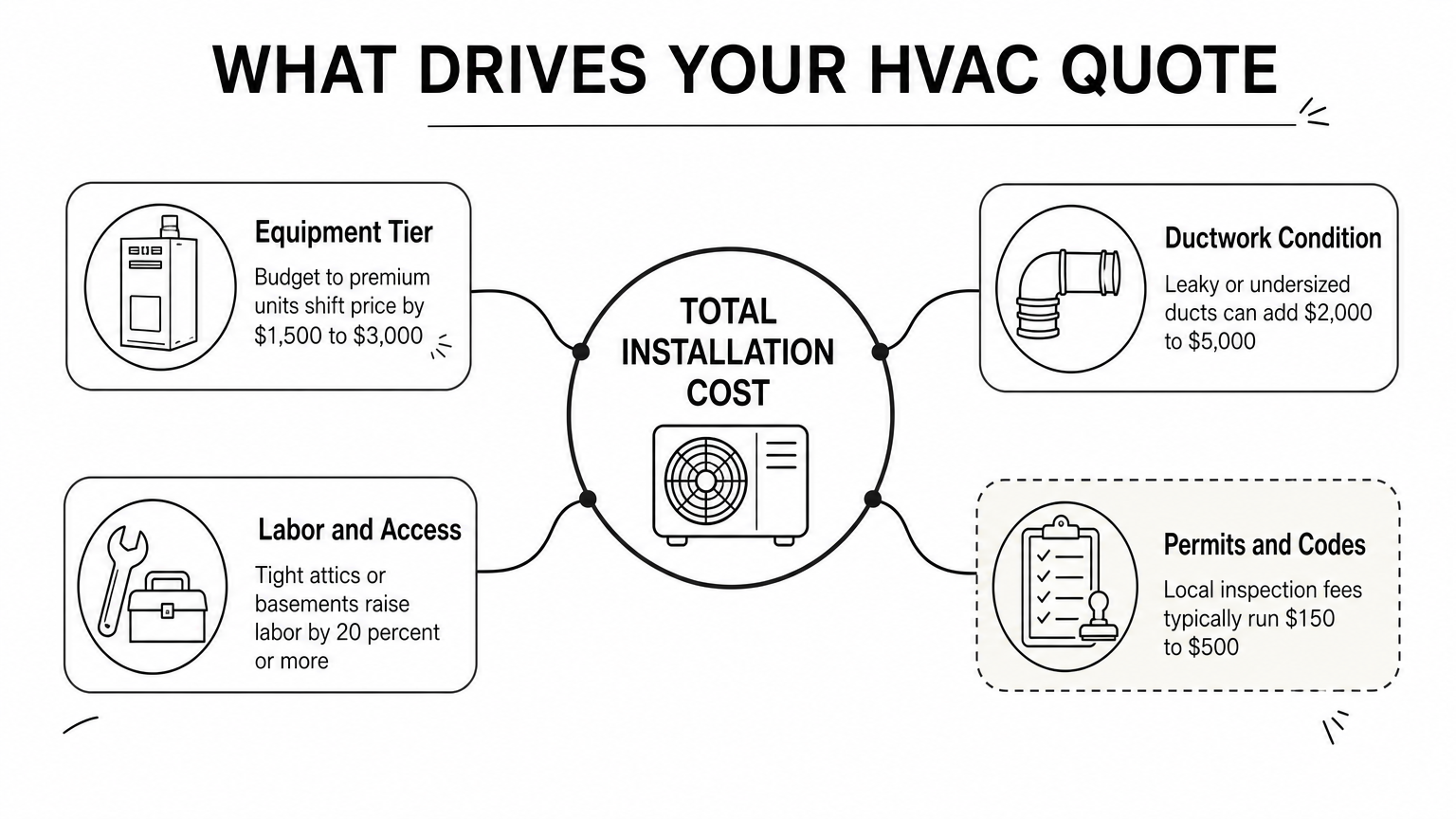 Hub diagram showing four factors branching from total HVAC installation cost: equipment tier, ductwork, labor, and permits.