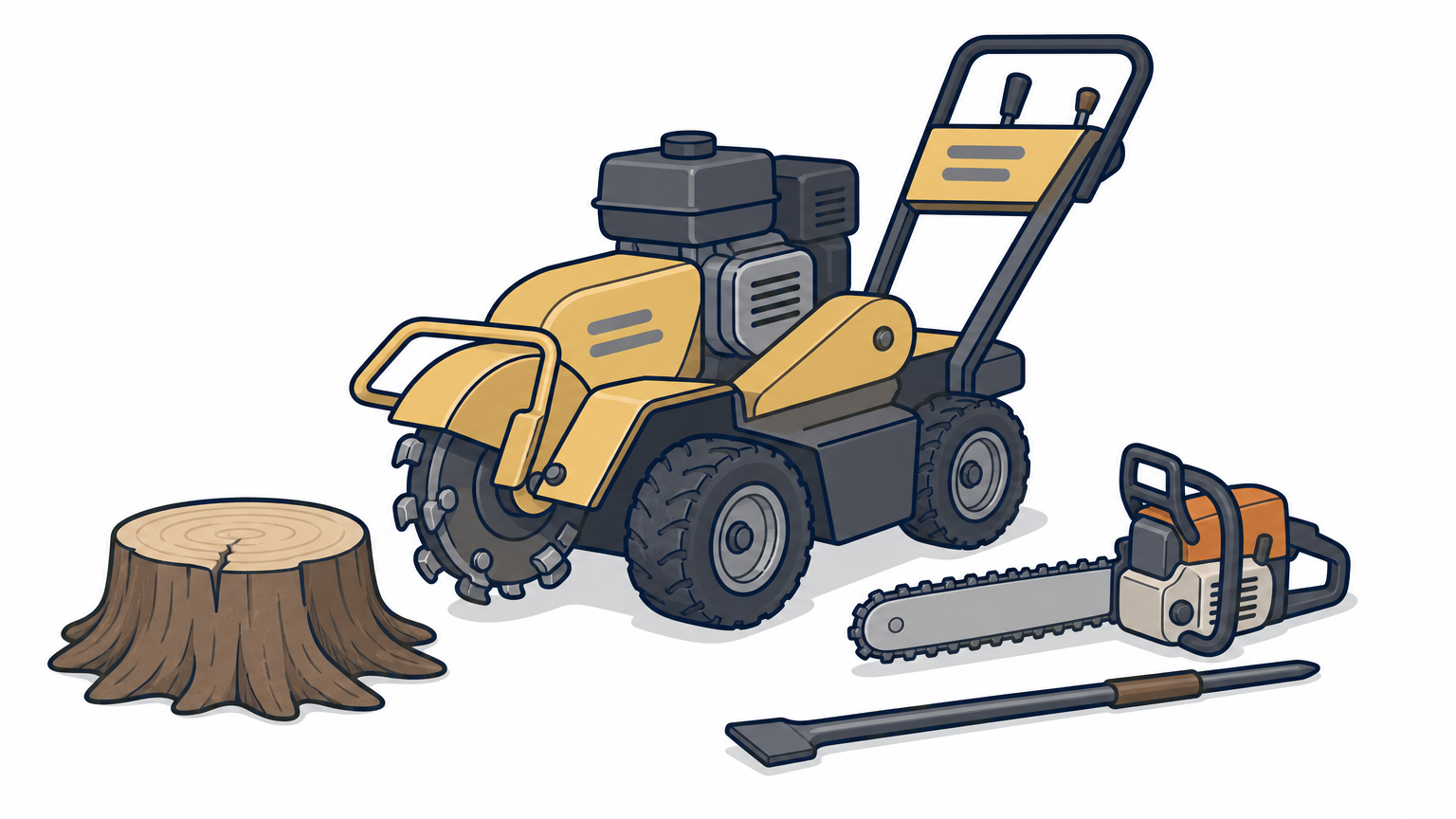 A stump grinder machine sits next to a tree stump with a chainsaw and digging bar on the ground.