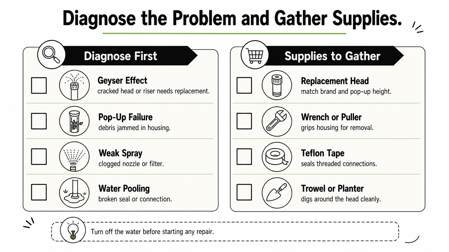 Checklist infographic grouping sprinkler symptoms and repair supplies into two columns.