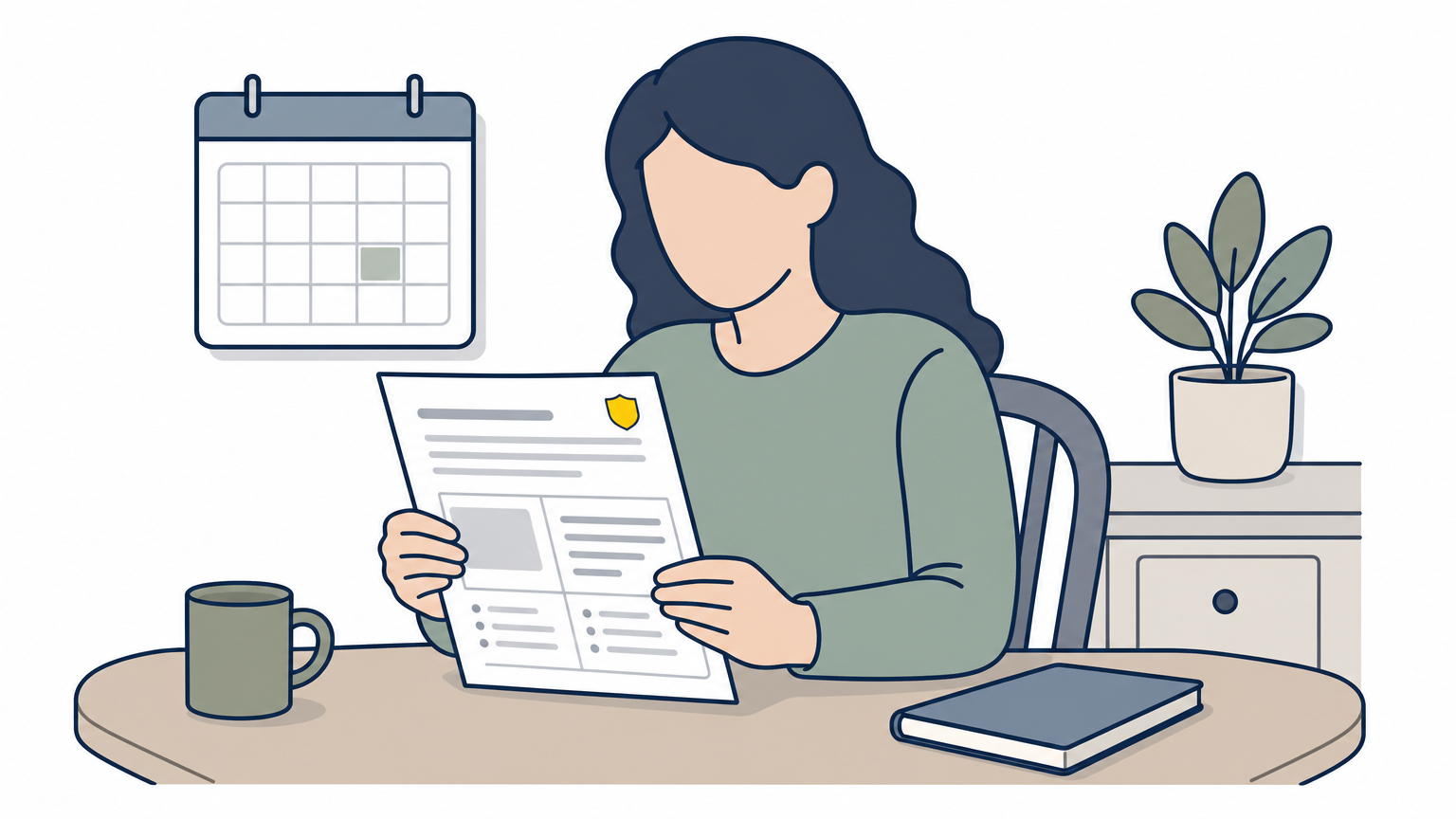 A homeowner reads a termite protection service plan at a kitchen table.