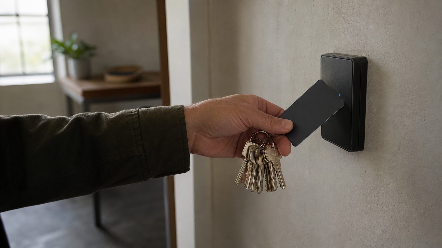 A hand holds several metal keys next to a wall-mounted card reader being used with a keycard.