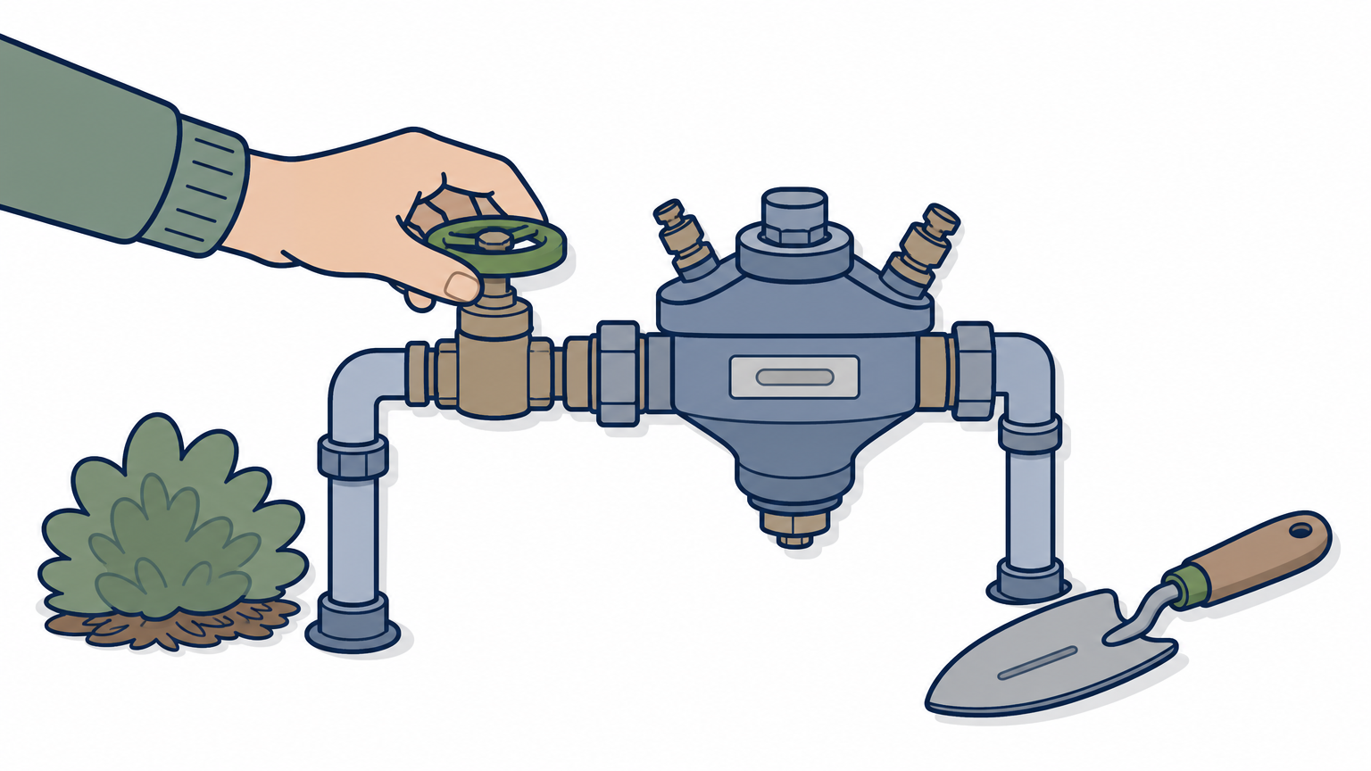 A hand turning an irrigation shutoff valve beside a backflow preventer in a lawn.