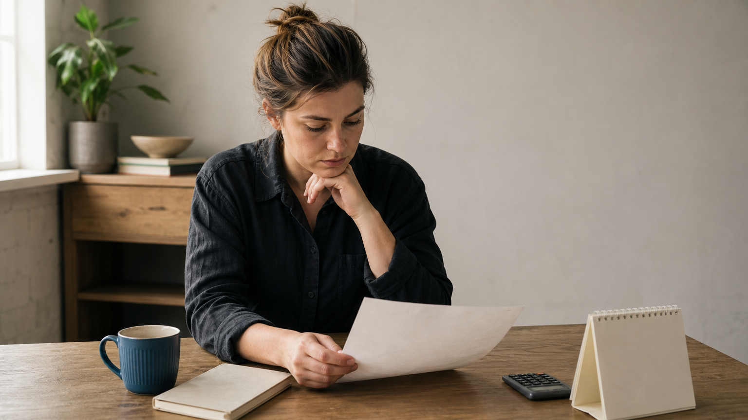 A business owner reviewing paperwork at a desk while weighing two different routes forward.