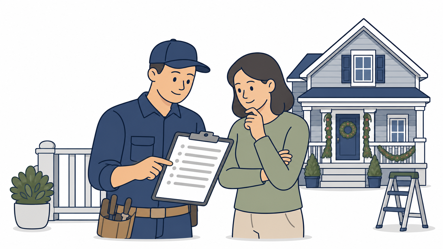A homeowner and installer review a written itemized pricing quote on a porch in front of a decorated house.