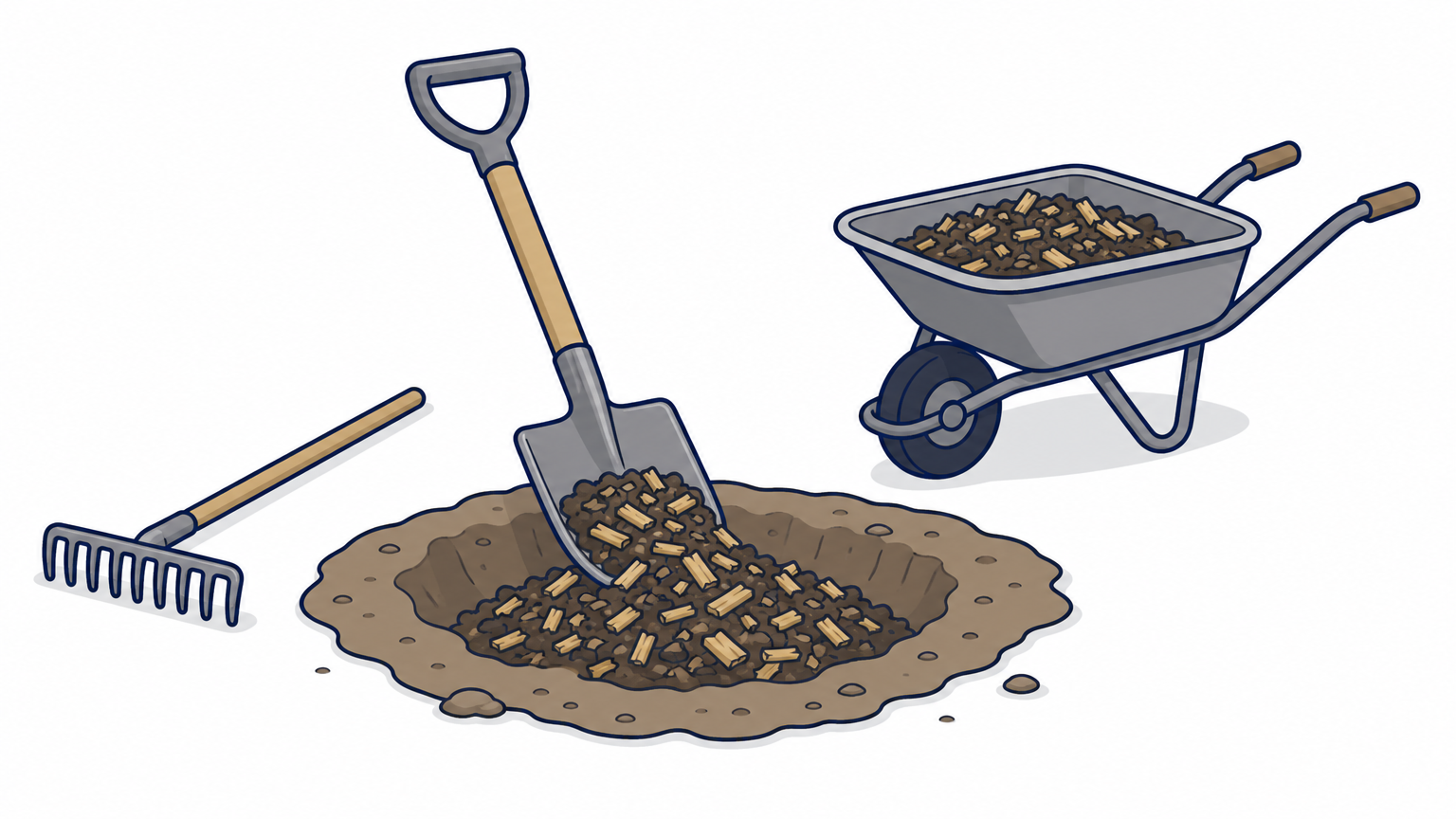 A shovel tamps a mixture of wood chips and soil into a hole left after stump grinding.