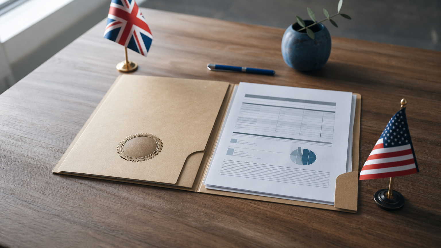 Two folders on a table, one holding a certificate and the other an audit report, beside UK and US flags.