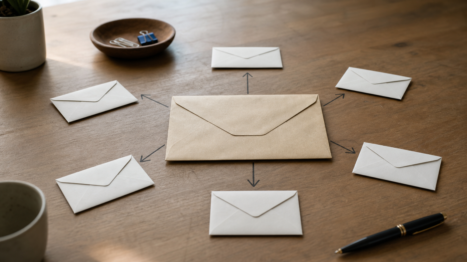 One central payment envelope with arrows branching to several smaller creditor envelopes.