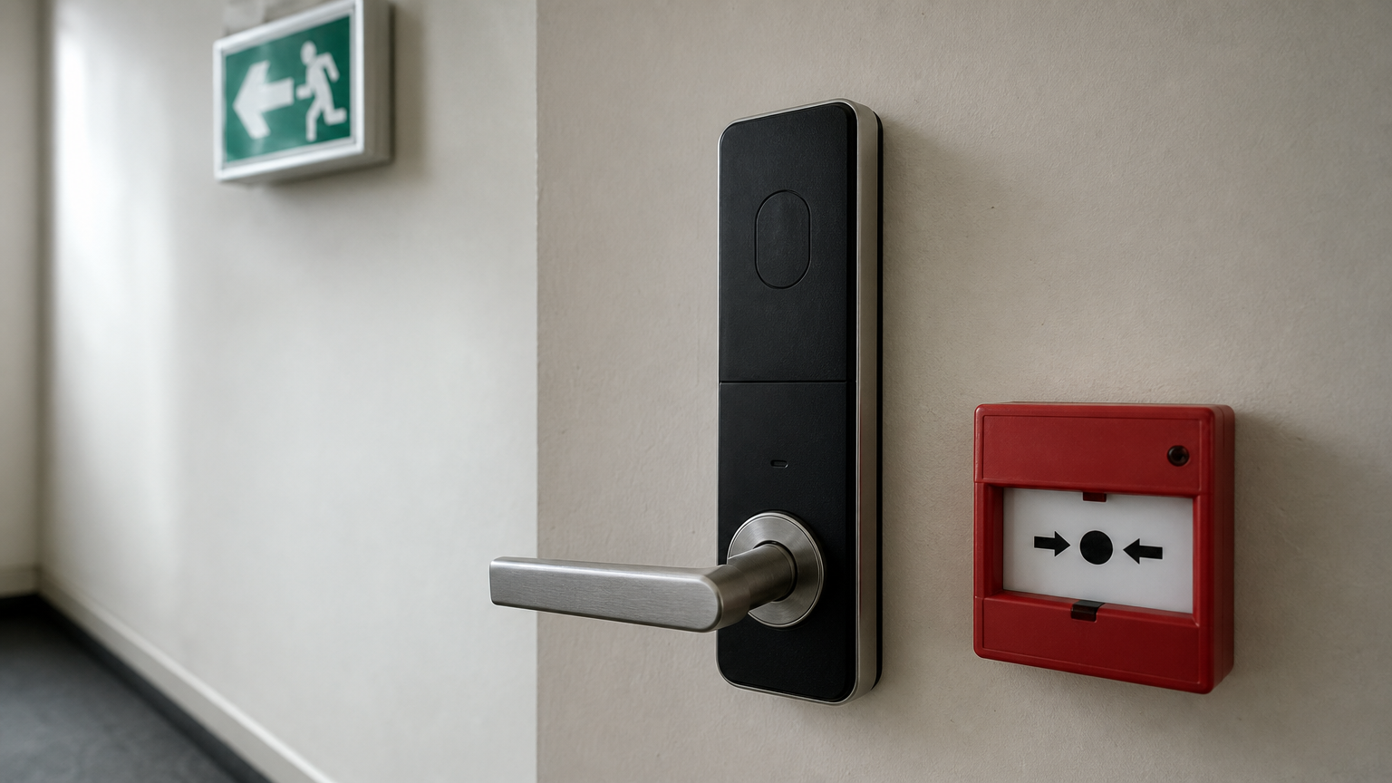 A door fitted with an electronic lock and a break-glass alarm point beneath an illuminated fire exit sign.