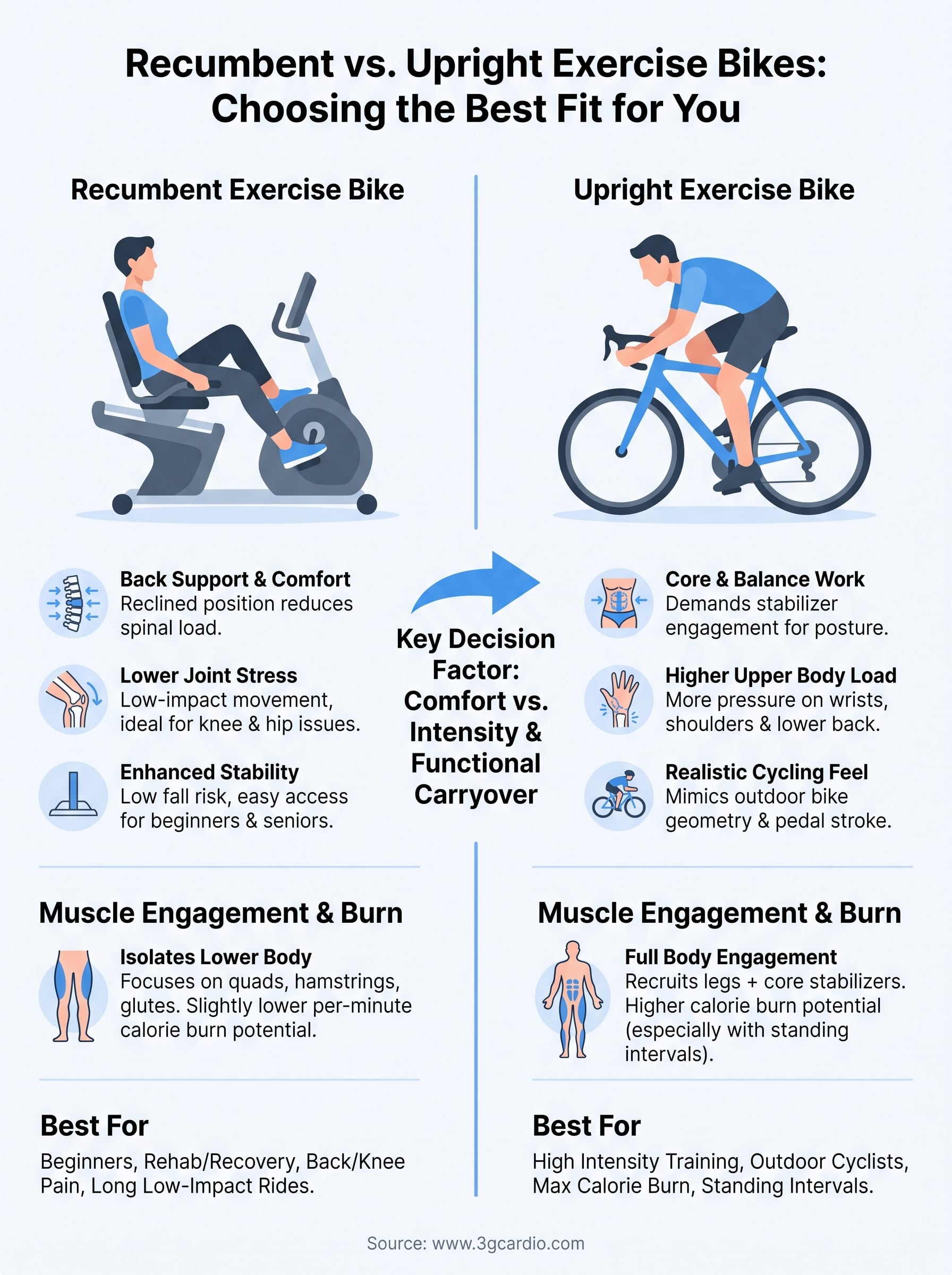 recumbent exercise bike vs upright exercise bike infographic