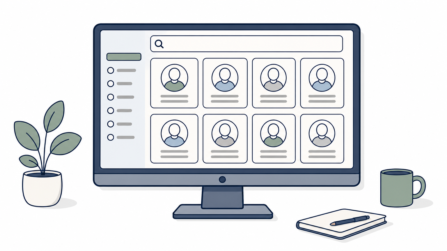 Wide computer monitor showing a searchable database of candidate profile icons in an office setting.