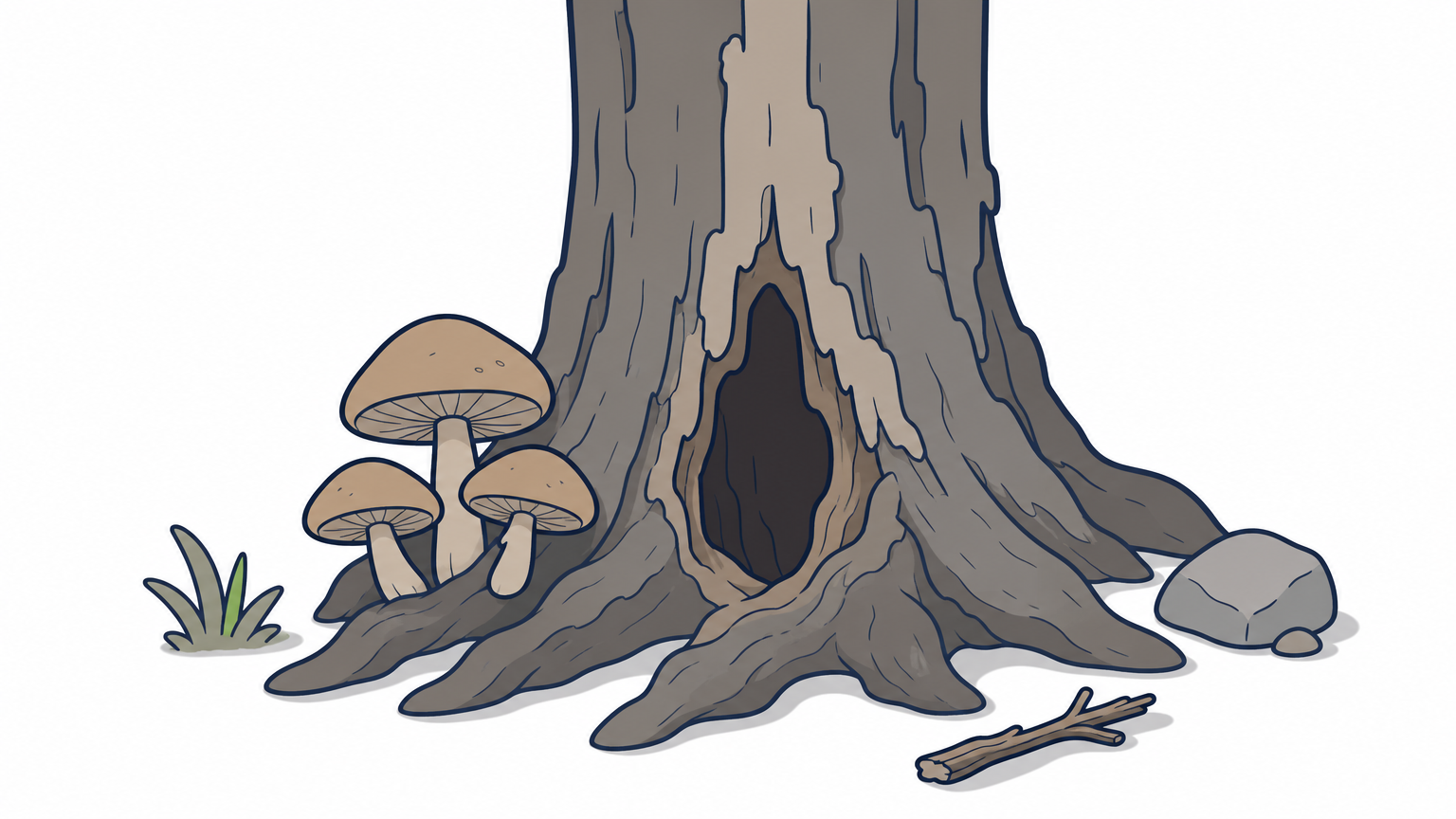 Close-up of a tree trunk showing mushrooms, a hollow cavity, and peeling bark indicating internal rot.