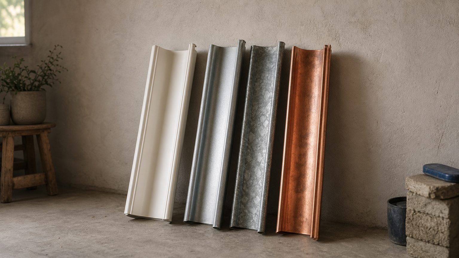 Four gutter material samples made of vinyl, aluminum, steel, and copper leaning against a wall.