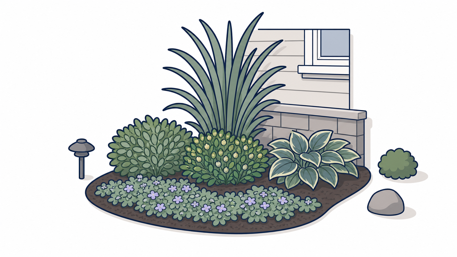 A tiered garden bed showing groundcover, mid-size shrubs, and a tall accent plant against a house.