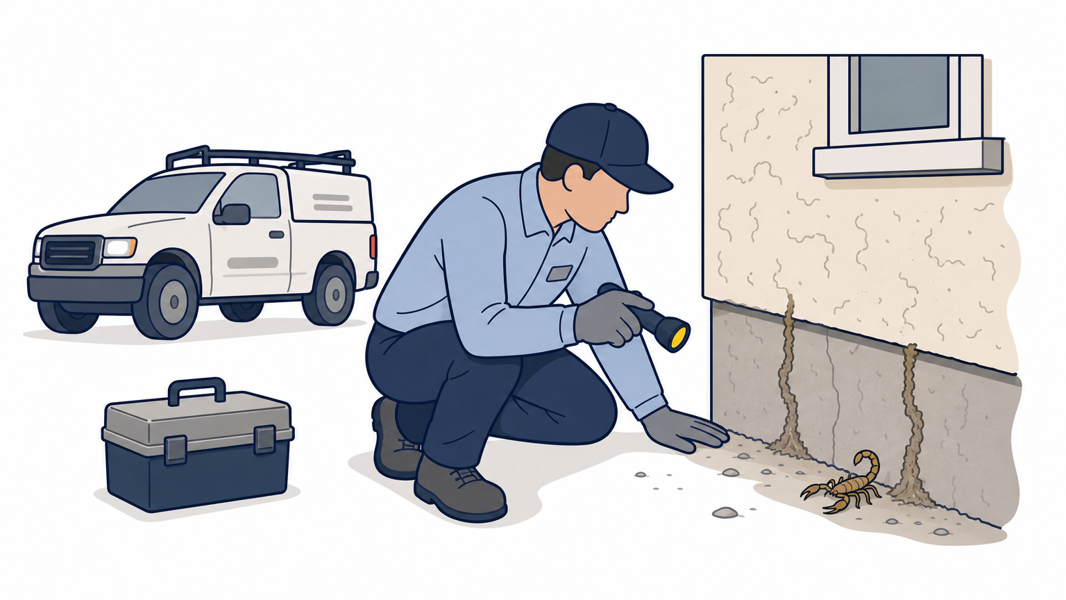 A pest control technician inspects the foundation of a desert home for scorpions and termites.