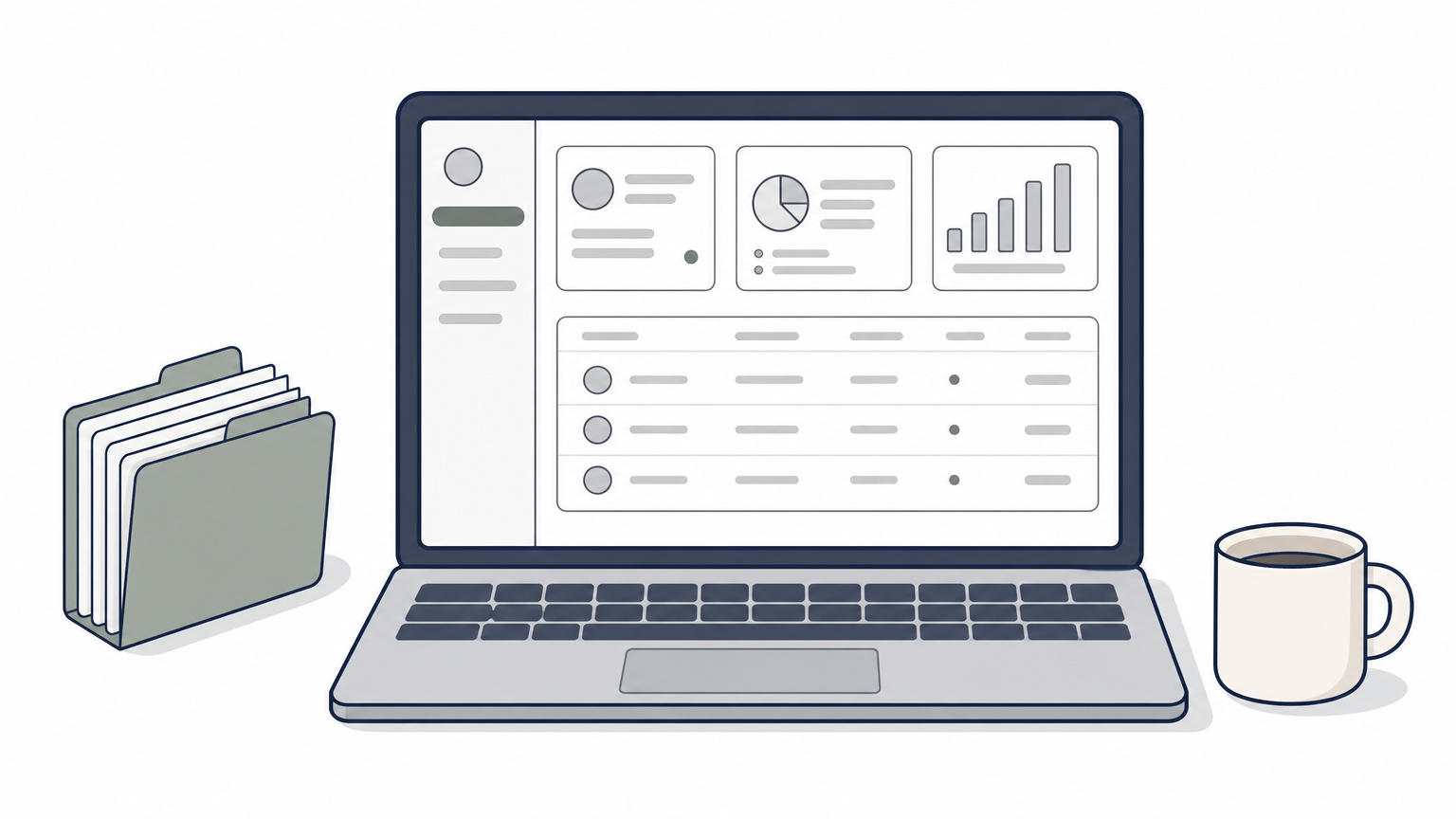 A laptop displaying a candidate database dashboard on a desk with resume folders.