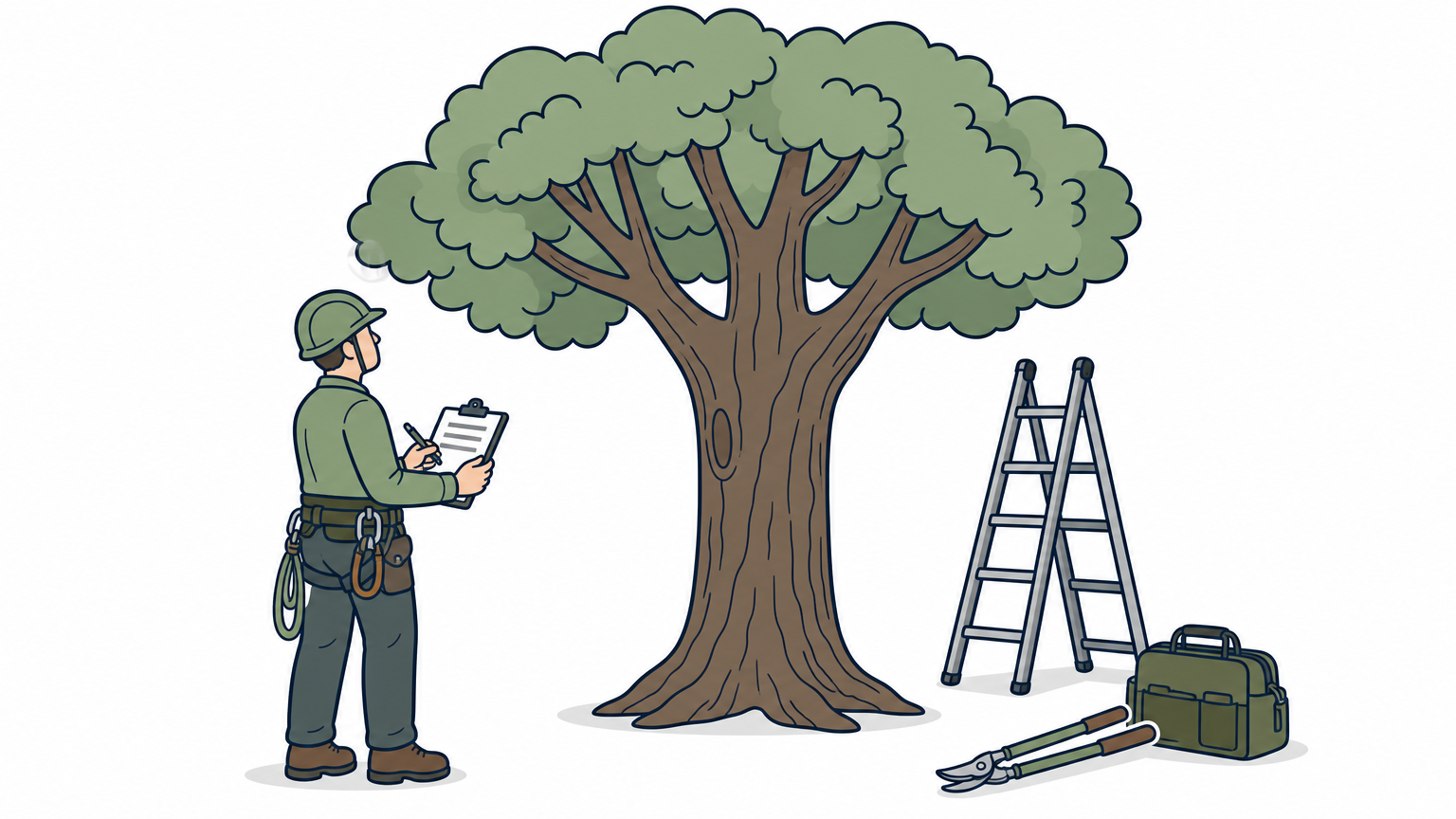 An arborist examines a tree trunk and canopy while holding a clipboard near a ladder.