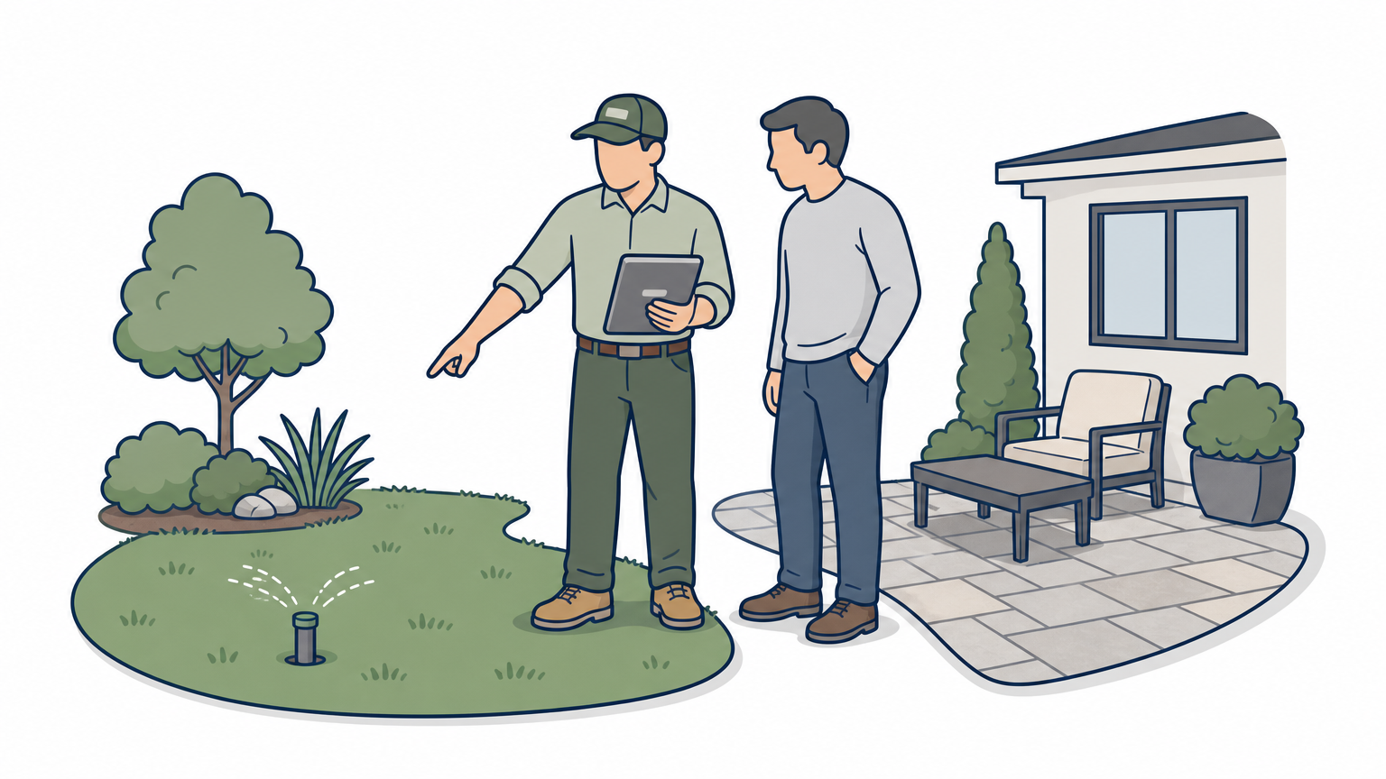 A landscaper and homeowner walk a yard discussing lawn, irrigation, and patio areas together.