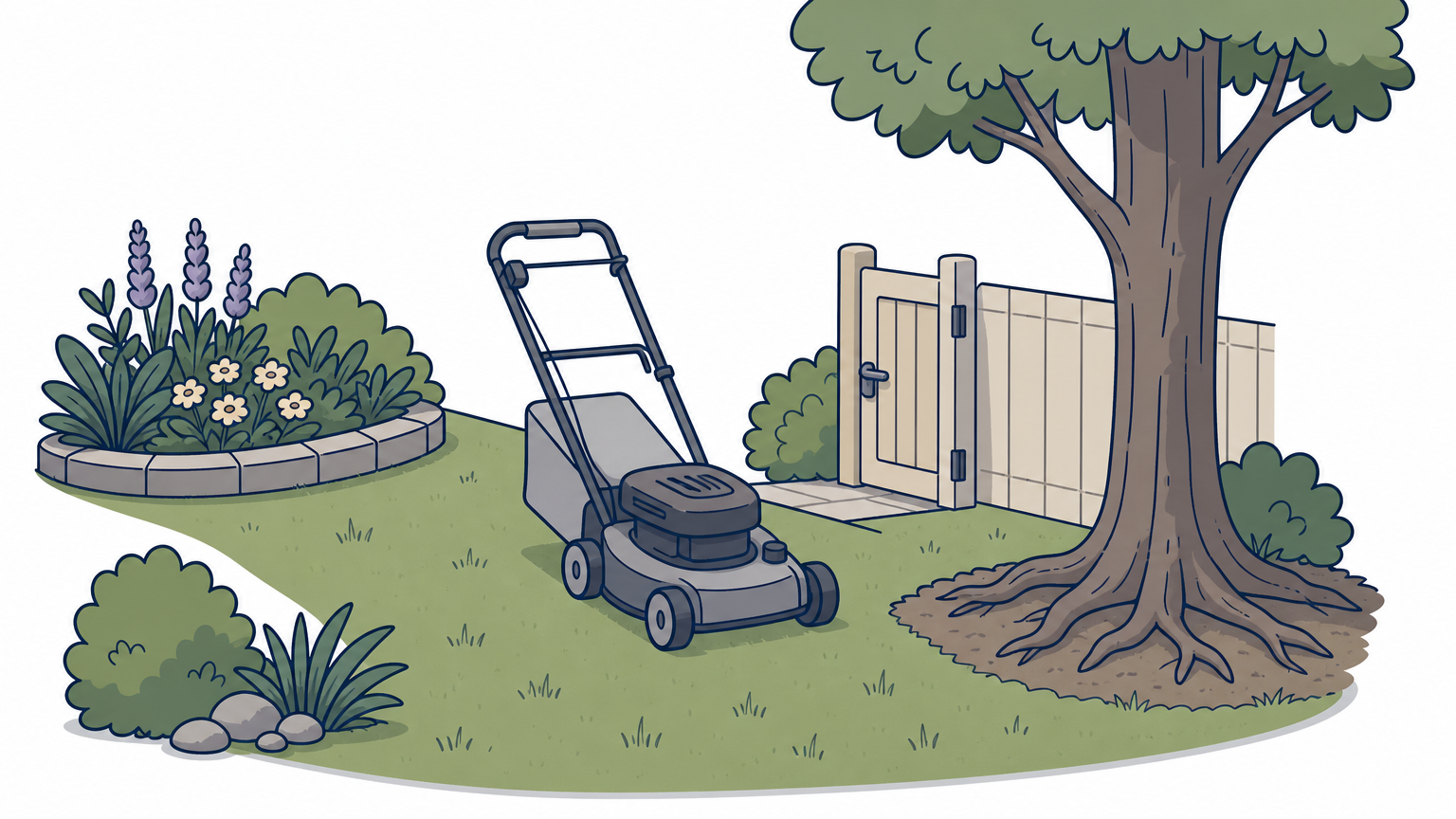 A sloped backyard with a push mower, flower beds, and a narrow gate limiting equipment access.