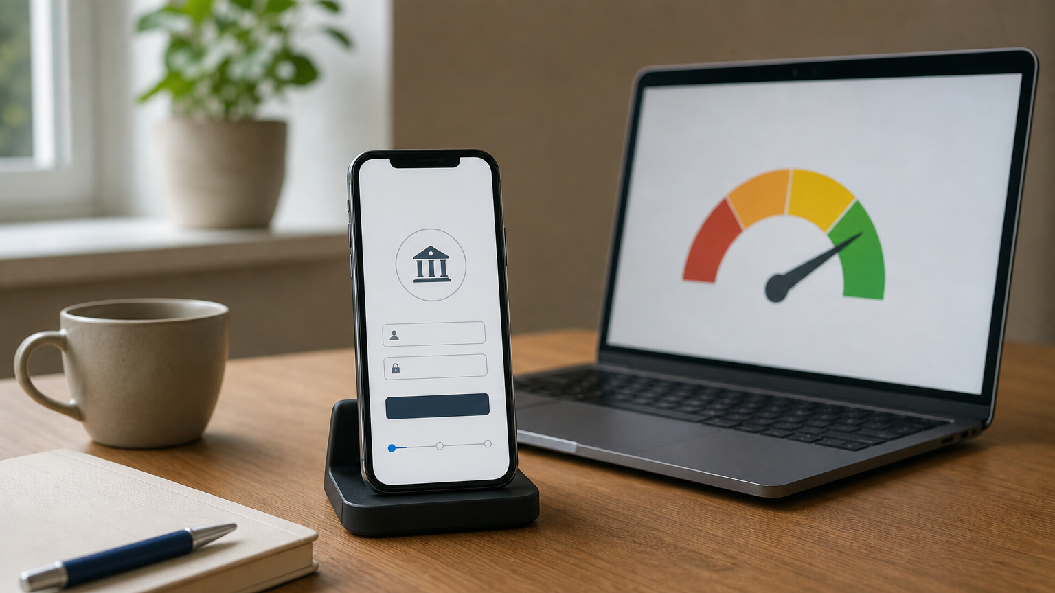 A smartphone linking a bank account beside a laptop showing a rising credit score gauge.