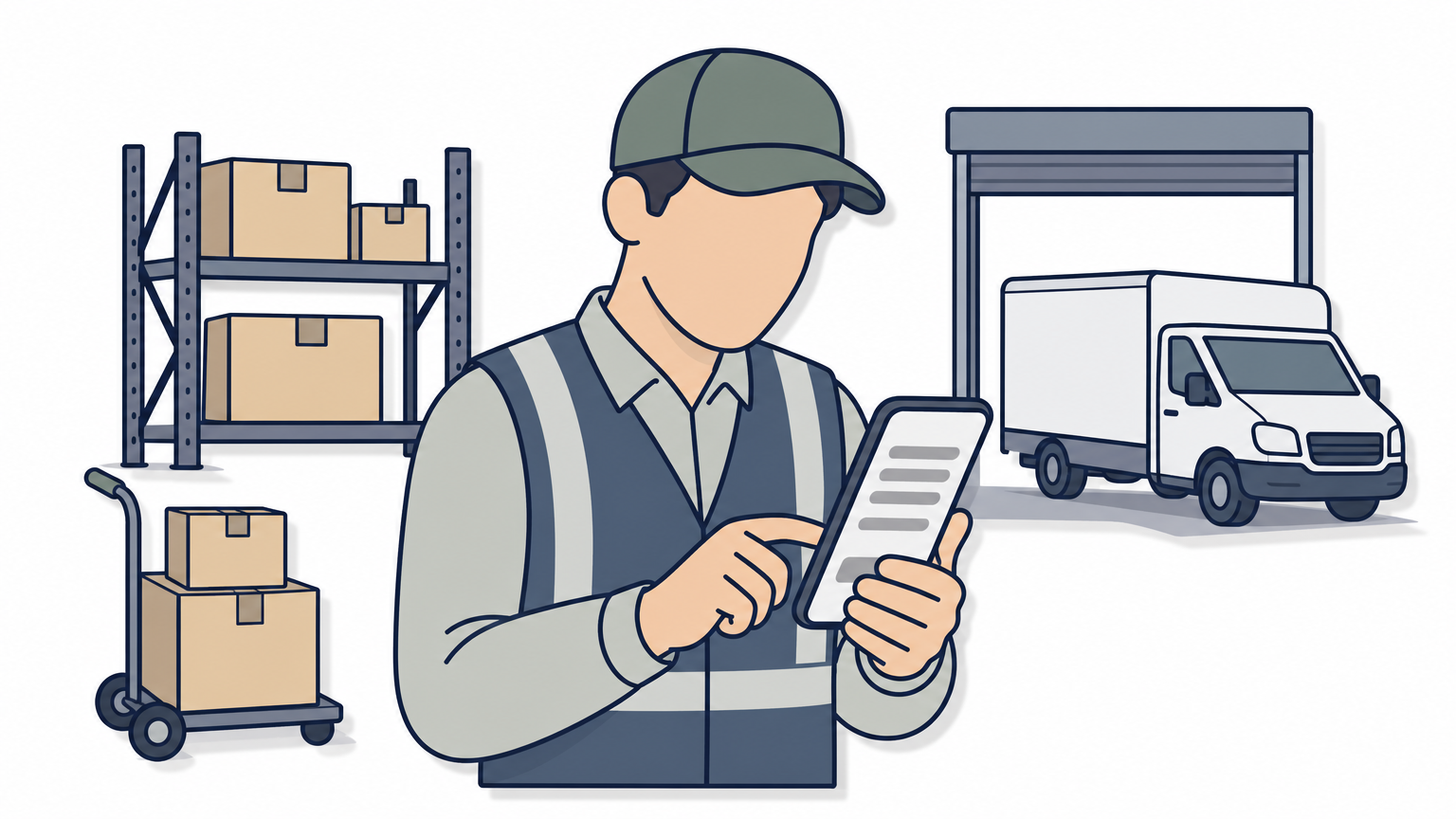 A warehouse worker checks a job application on a smartphone near a loading dock.