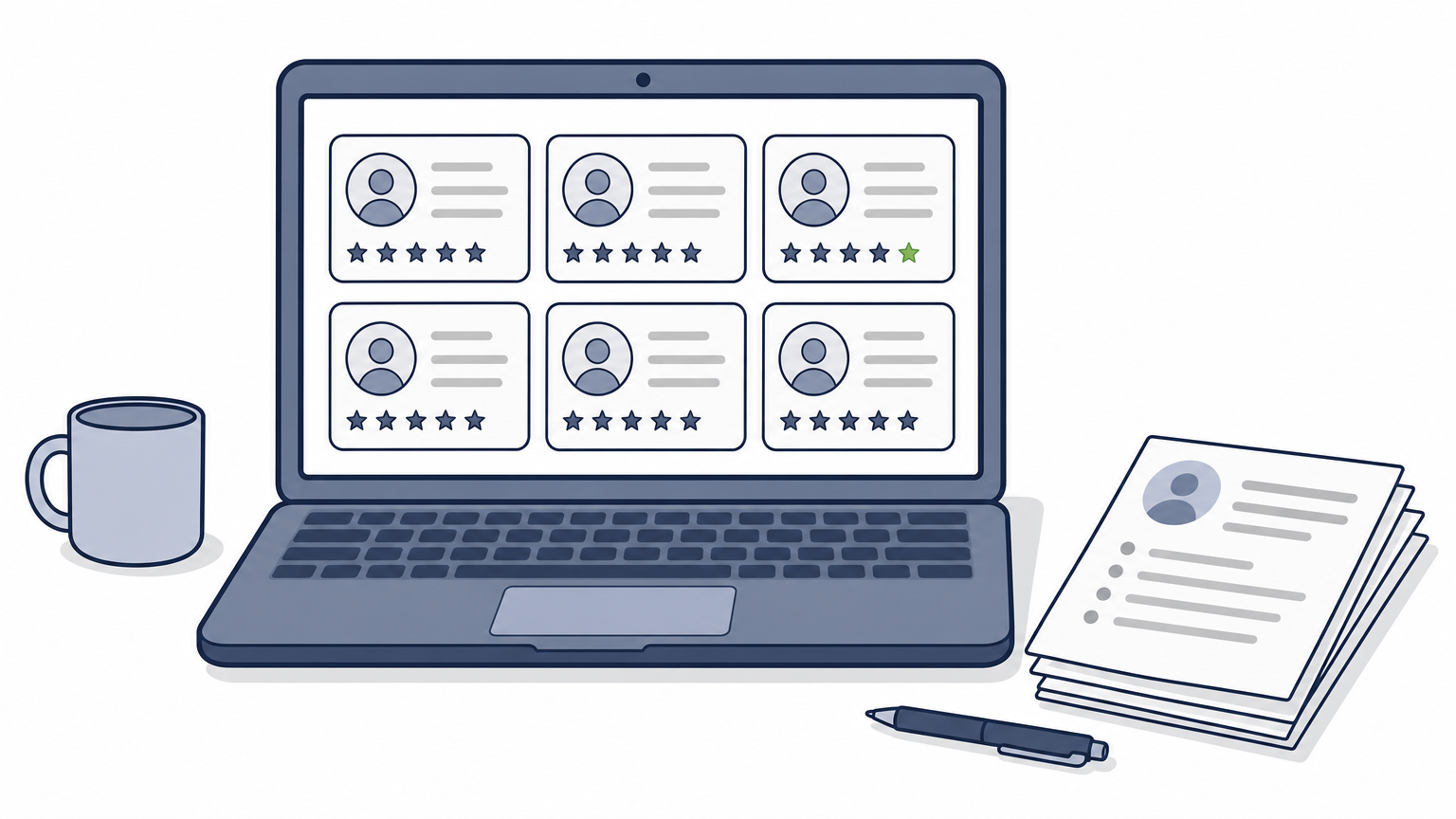 Laptop displaying a grid of freelancer profile cards beside a stack of resume papers on a desk.