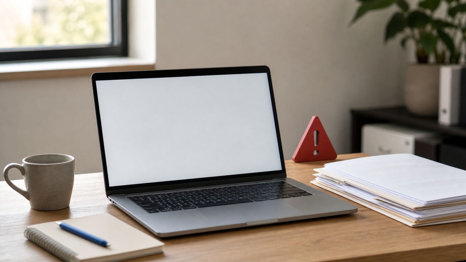 A desk with a laptop compliance dashboard, contract papers and a warning notice icon.