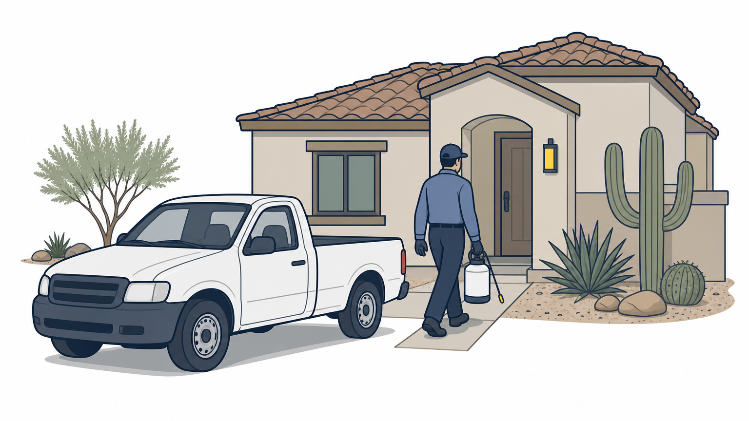 A technician carrying a sprayer walks toward a suburban home from a small independent pest control truck.