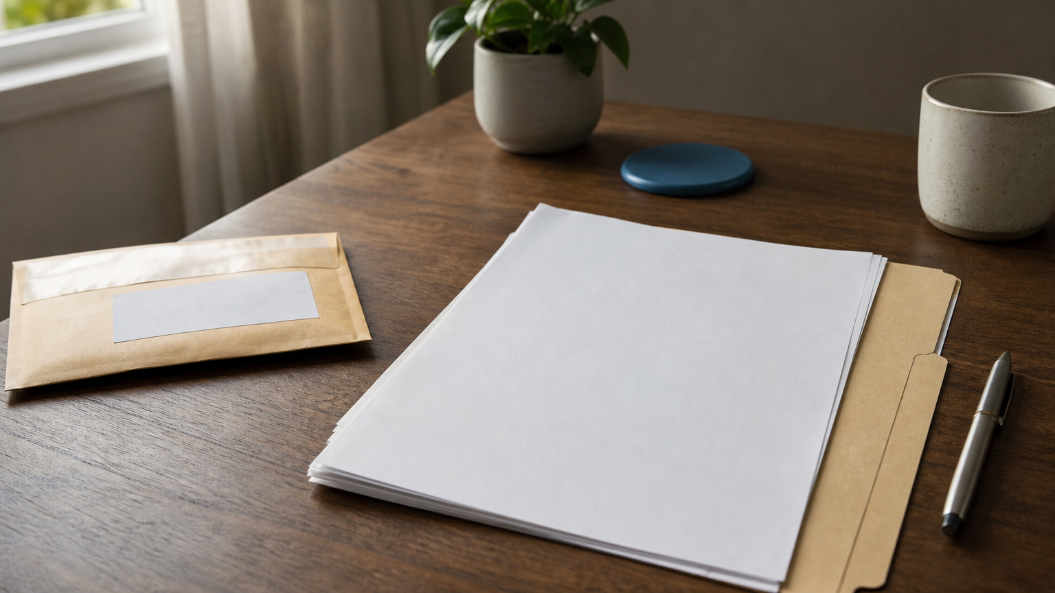 A desk with a credit report, a certified mail envelope, and a dispute folder.