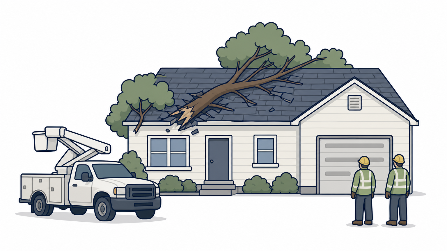A fallen tree limb rests on a home's roof as a crew truck arrives after a storm.