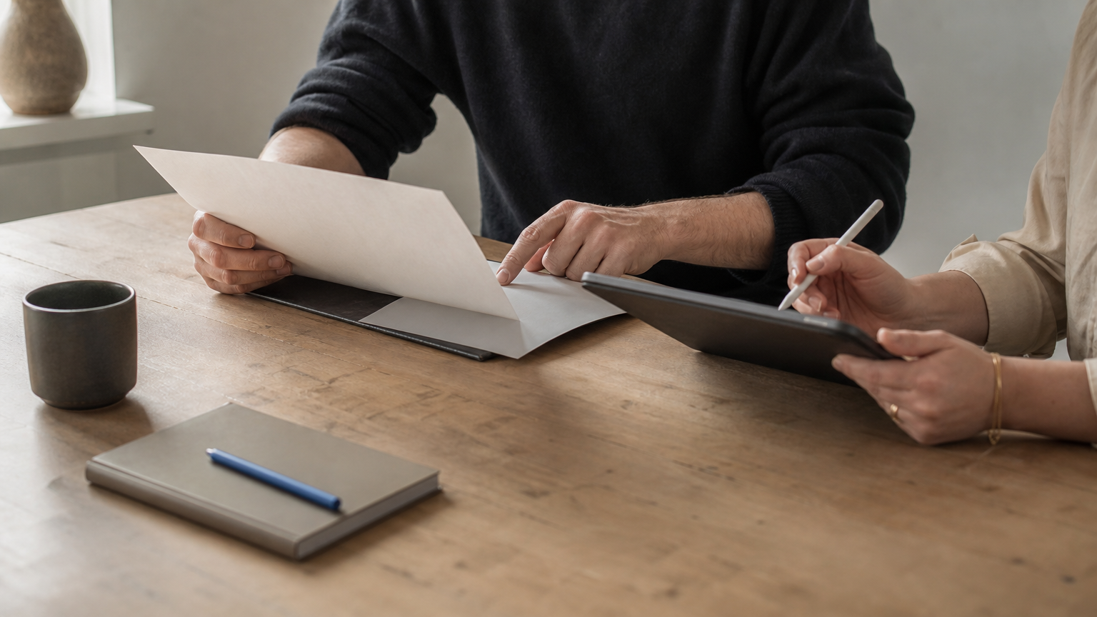 Two people reviewing a DPO provider proposal document and a checklist on a tablet.