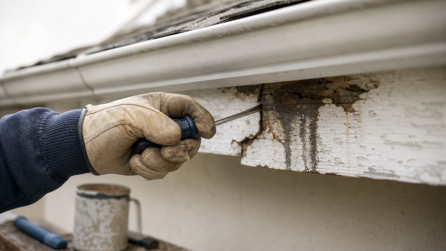 A gloved hand presses a screwdriver into soft, discolored wood behind a gutter.
