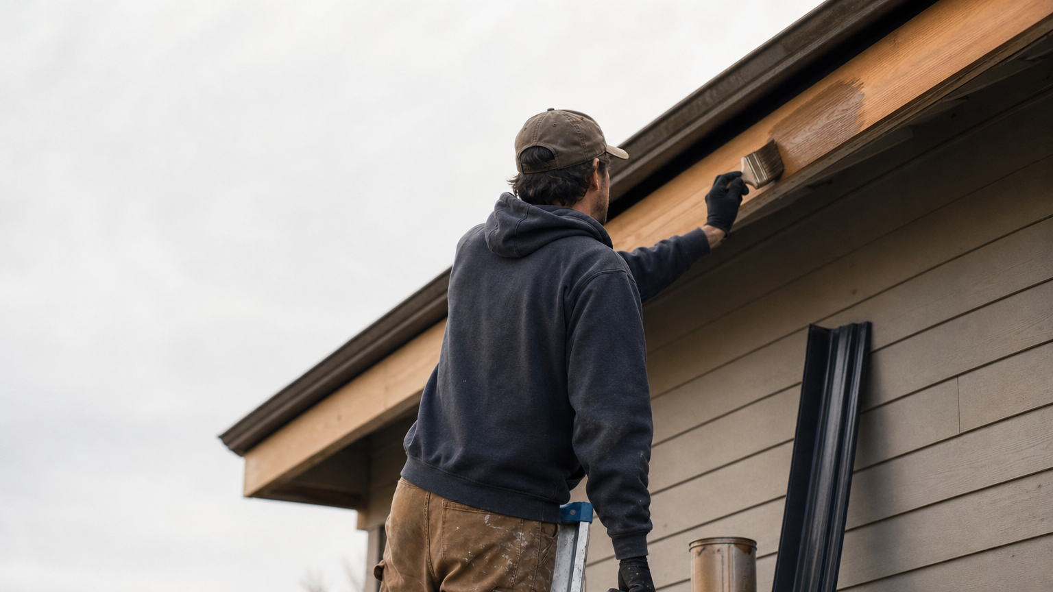 A person applies wood sealer to a bare fascia board with a paint can nearby.