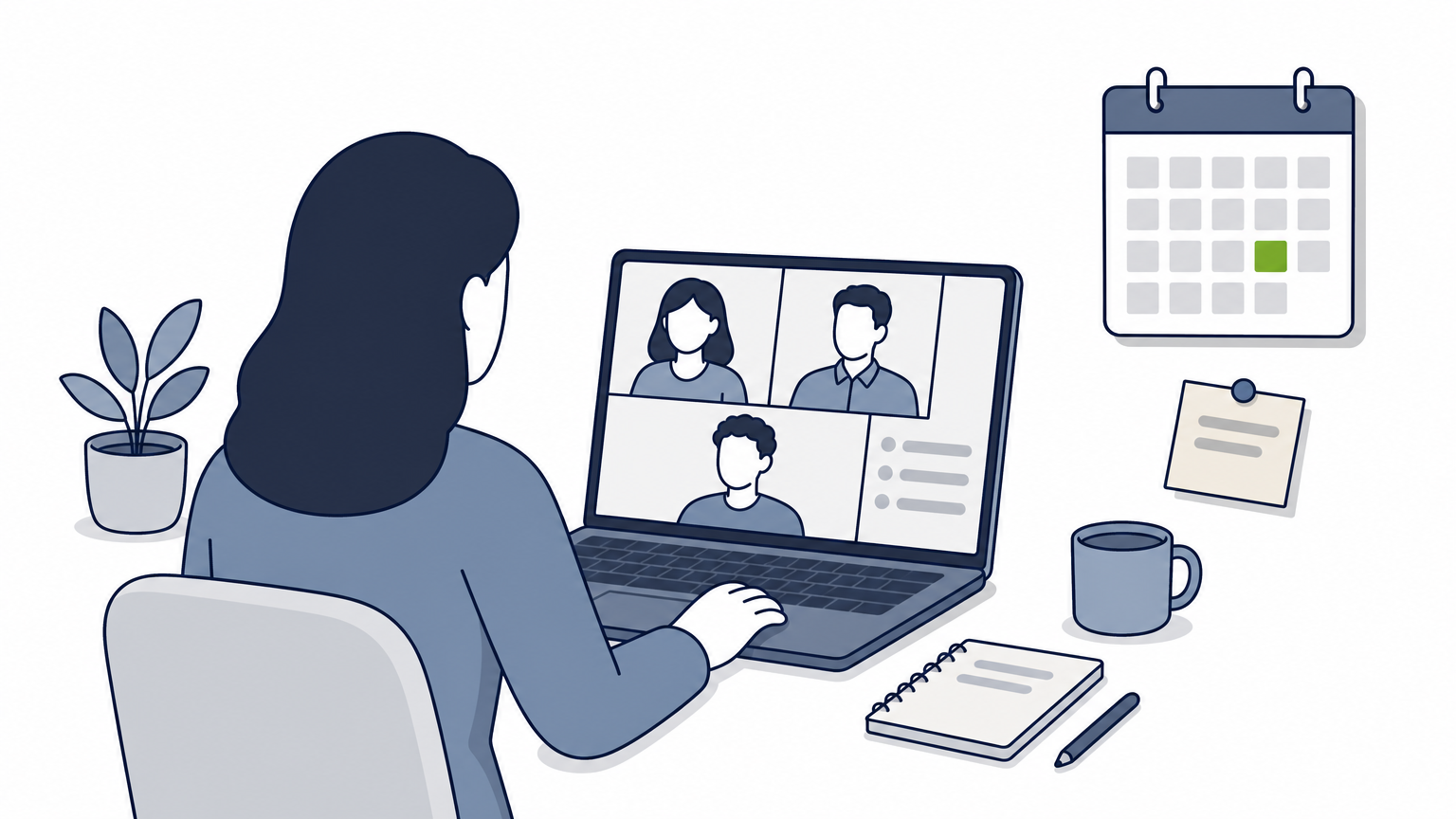 A remote worker joins a video call with an office team under a deadline calendar.